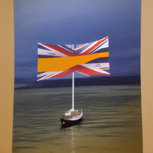 AI generated: 
a sailboat floating at sunset, on its sail is printed a Union Jack flag. In the style of Gainsborou...