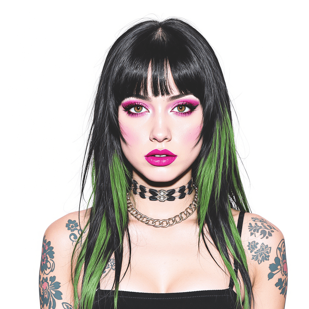 AI generated: Billie Eilish, in the style of Billie Eilish, simple background, pink, green, blue, and black colors...