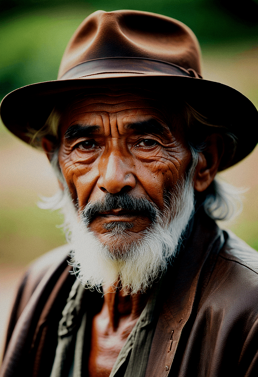 AI generated: Picture a rugged elderly man with a face carved from the passage of time, wearing a textured leather...