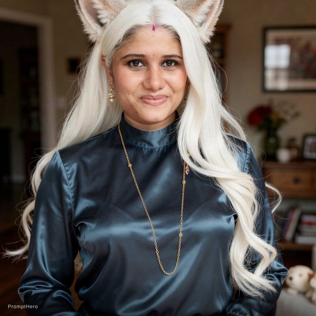 AI generated: A woman with long white hair and light-colored wolf ears is shown in a close-up indoor shot, gazing ...