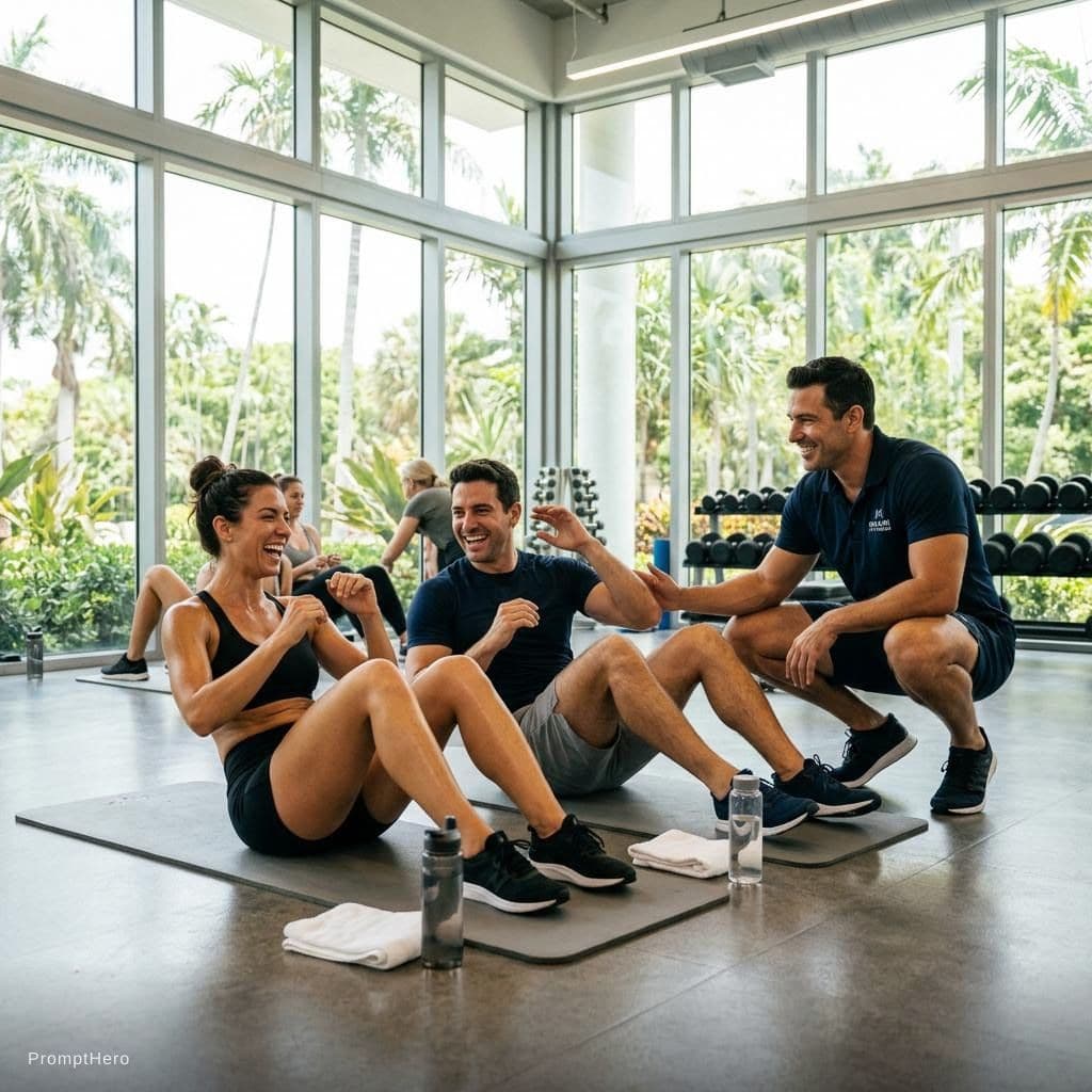 AI generated: RAW photo, wide angle shot, bright modern Miami gym interior, 
large floor-to-ceiling windows, lush ...