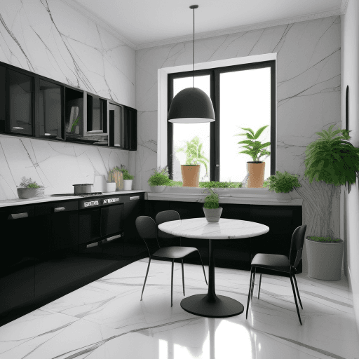 AI generated: a large kitchen with a black and white kitchen set, white marble floor, gray plaster walls, small ta...