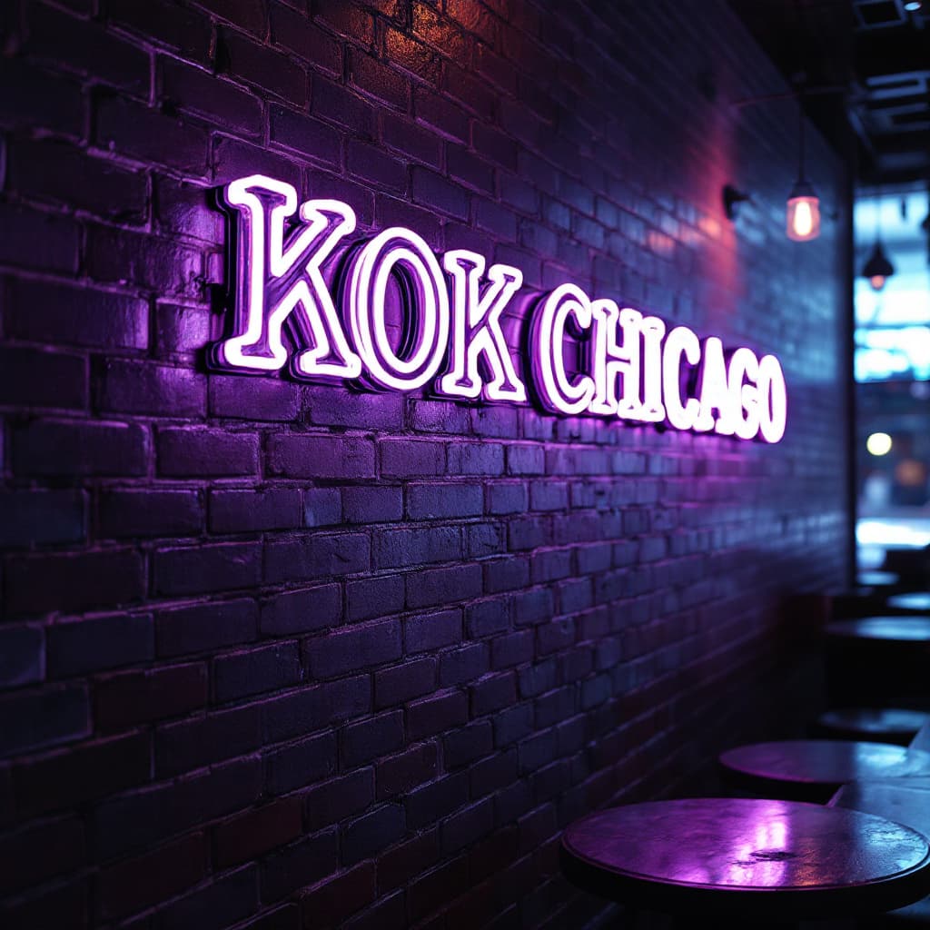 AI generated: hyper realistic led tube writing in a bar with brick tiles slanted from the side with the text - KOK...