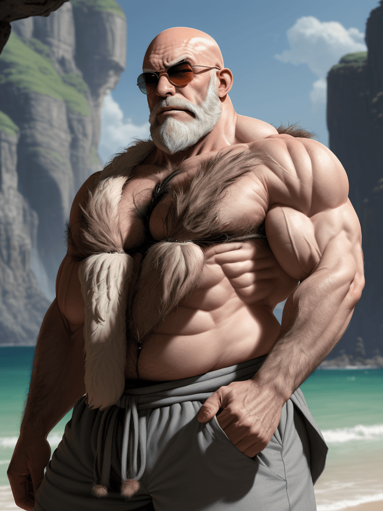 AI generated: Master Roshi, big muscles and big thighs, bald, gray beard, short height, elder, slim, sunglasses, M...