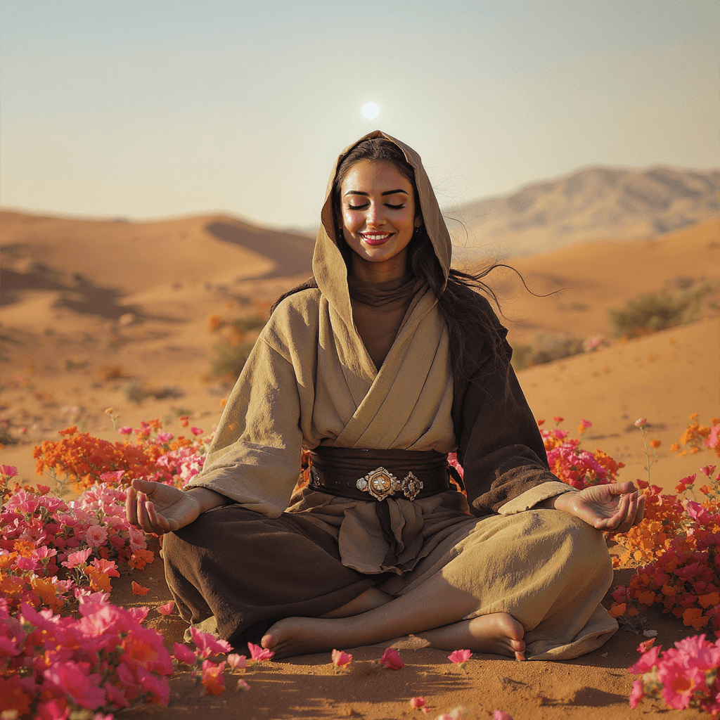 AI generated: Full body view photo,1 woman, Jedi master in deep meditation, smile, in jedi outfit, sitting cross-l...