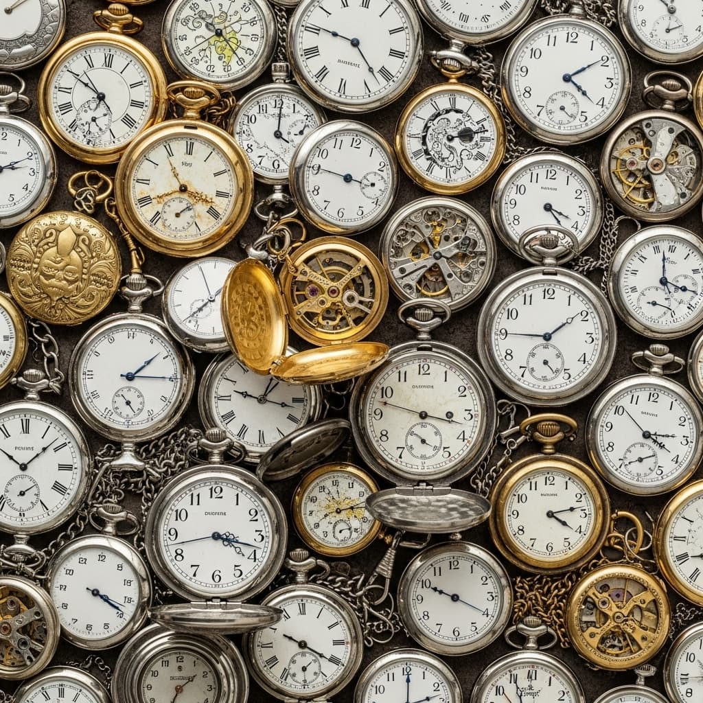 AI generated: portrait of nothing but pocket watches, all different types and styles, old one and new one. the wat...