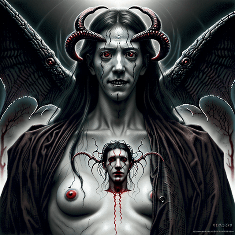 AI generated: crimson king, photorealistic, grinning man, burning eyes, human, eerie, angel with no face, demon, l...