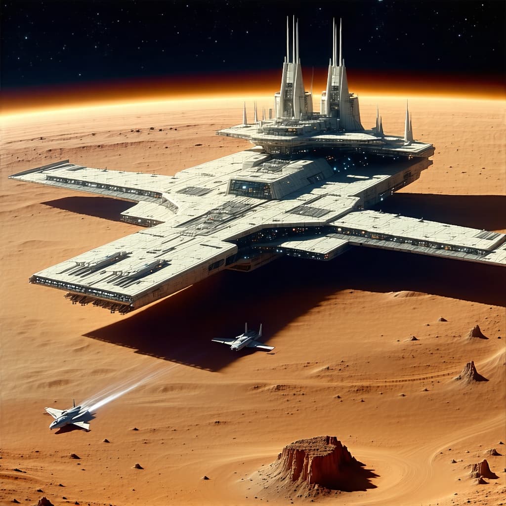 AI generated: A massive Luna space station city sits on a large surface area on the planet Mars. Capable of dockin...