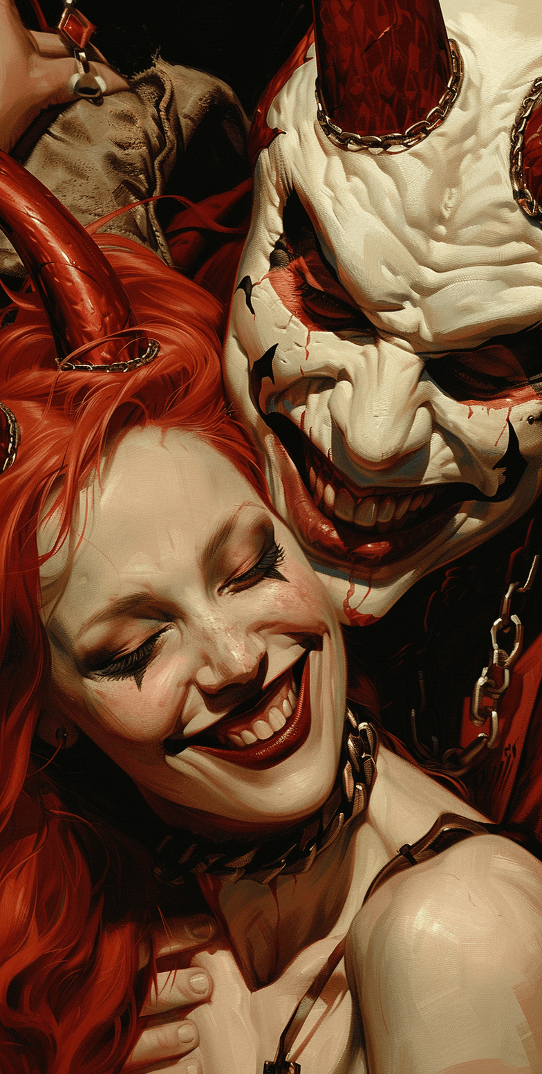 AI generated: Close-up of a beautiful albino woman with white skin and red horns smiling, a fantasy illustration d...