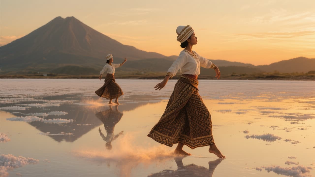 AI generated: a lone Gandrung dancer gliding across the shimmering salt flats at sunset with her kipas, mirrored r...