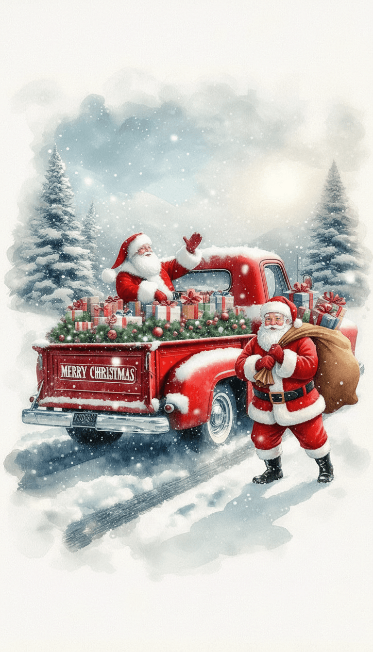 AI generated: A snowy forest at Christmas time and Santa Claus carrying presents