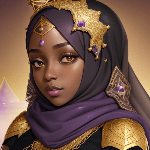 AI generated: a close up of a black woman with long amethyst hijab wearing a gold crown, she has amethyst hijab wi...