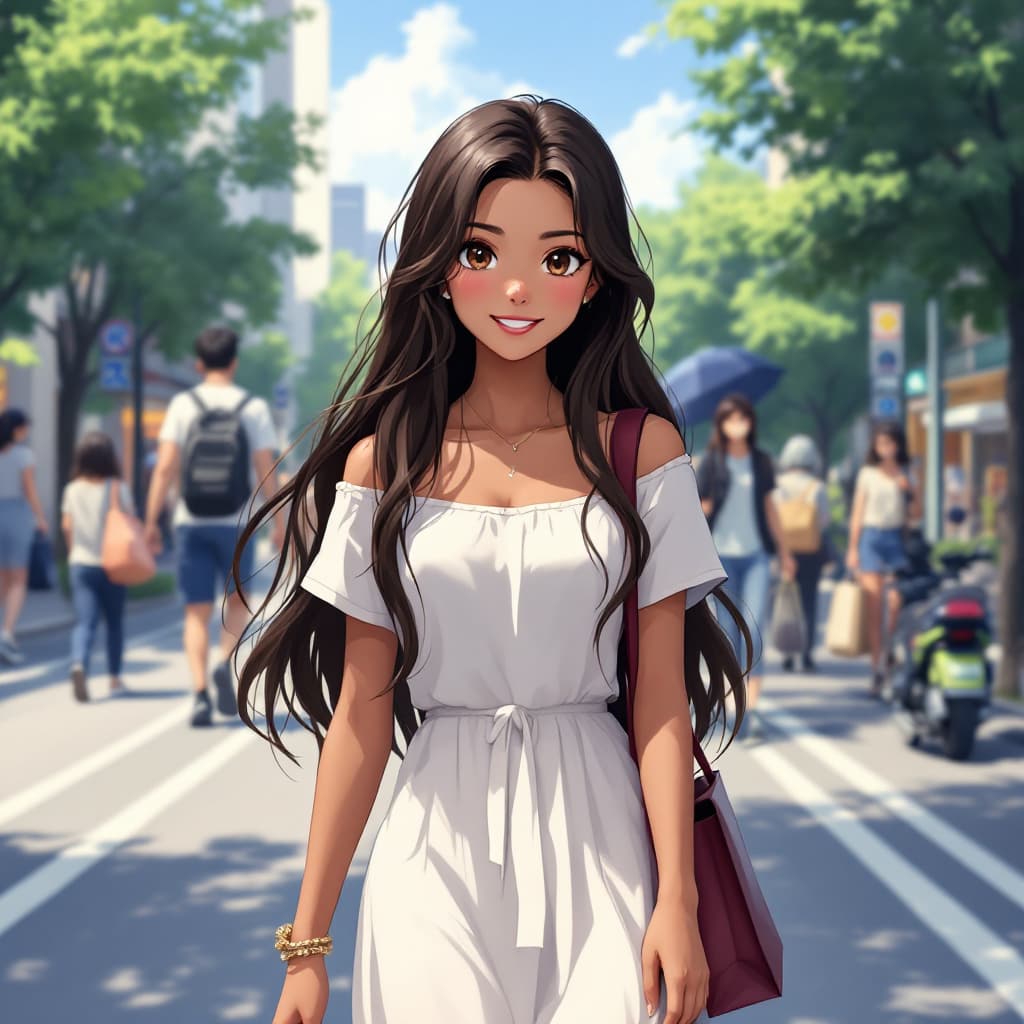 AI generated: An anime girl walking outdoors, casual outfit, road, walking, wavy brown hair, hazel eyes, perfect a...