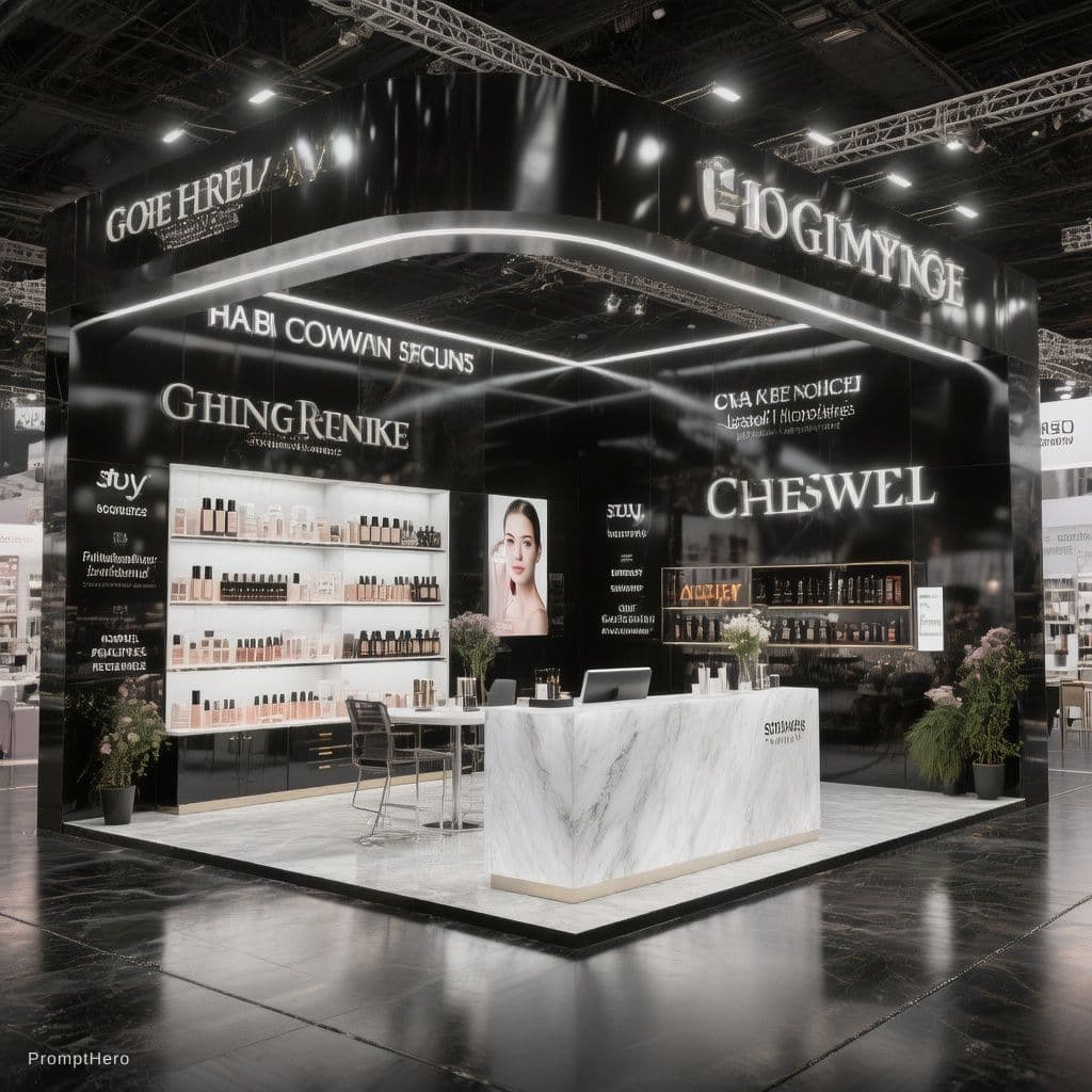 AI generated: 3D exhibition booth for beauty and cosmetics event, strict black and white color palette, glossy bla...