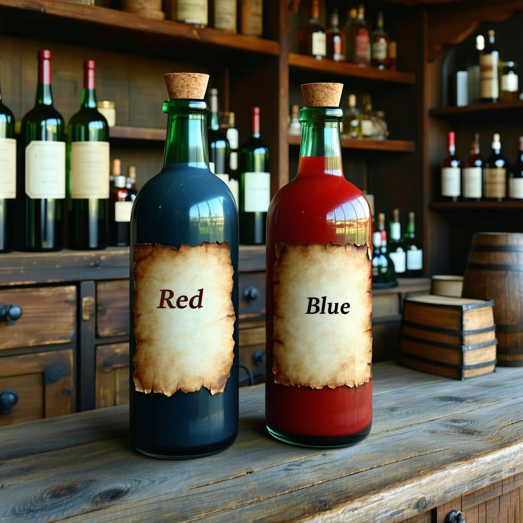 AI generated: An old-fashioned bottle with a plain old paper label that says "Red", and an identical bottle next t...