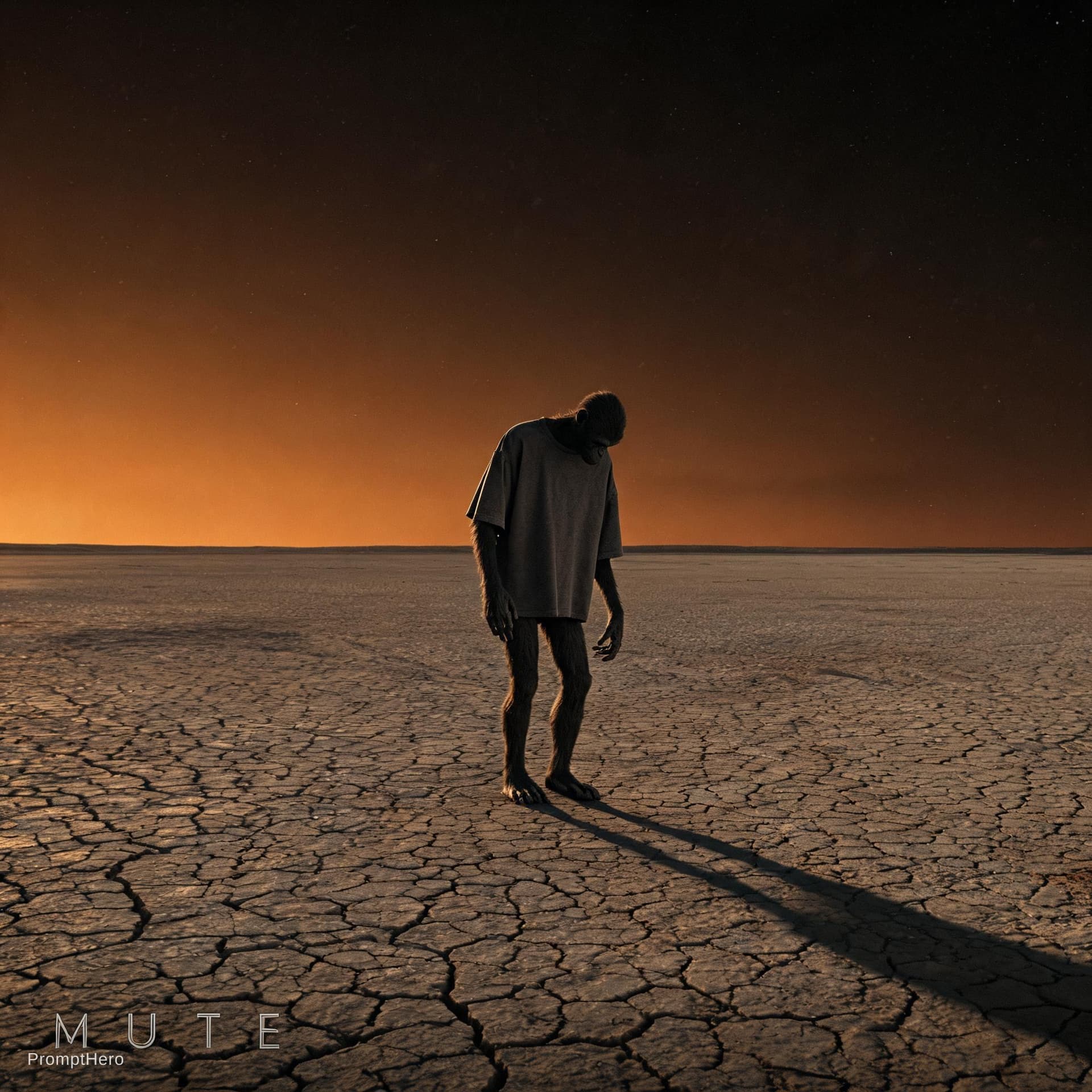 AI generated: Hyper-detailed luxury streetwear editorial poster. A single lean ape-like humanoid figure — not a hu...