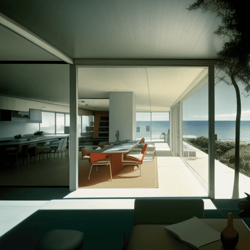AI generated: Hyper realistic eye level exterior photo of a mid century modern style house overlooking the ocean, ...