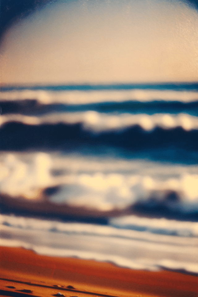 AI generated: waves crashing on the beach at sunset, tilt-shift, golden hour, vibrant colors, kodak ektar 100, fil...
