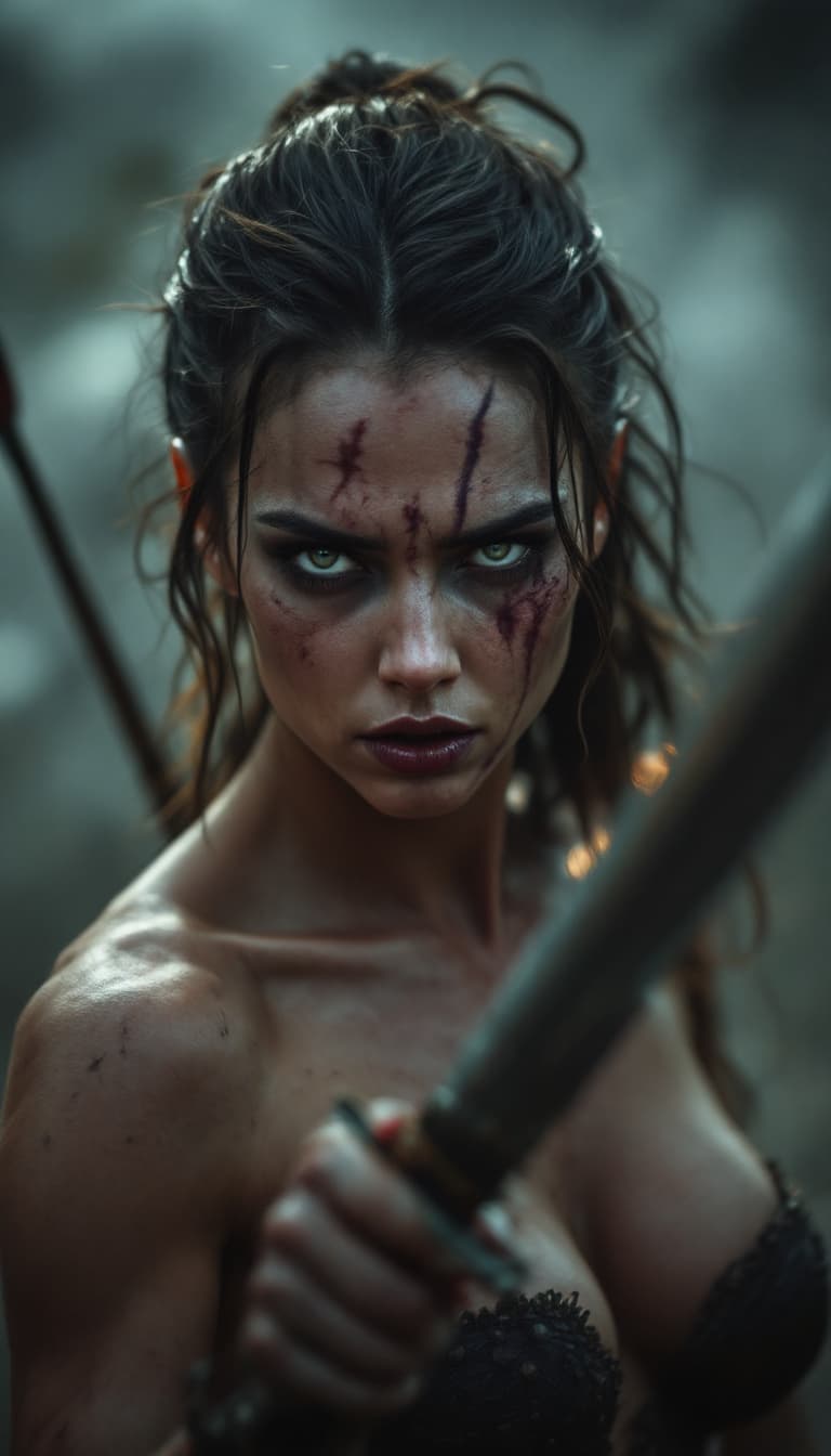 AI generated: high-resolution photograph, woman, ugly scar in the face, exposed body,  dramatic scene of old war, ...