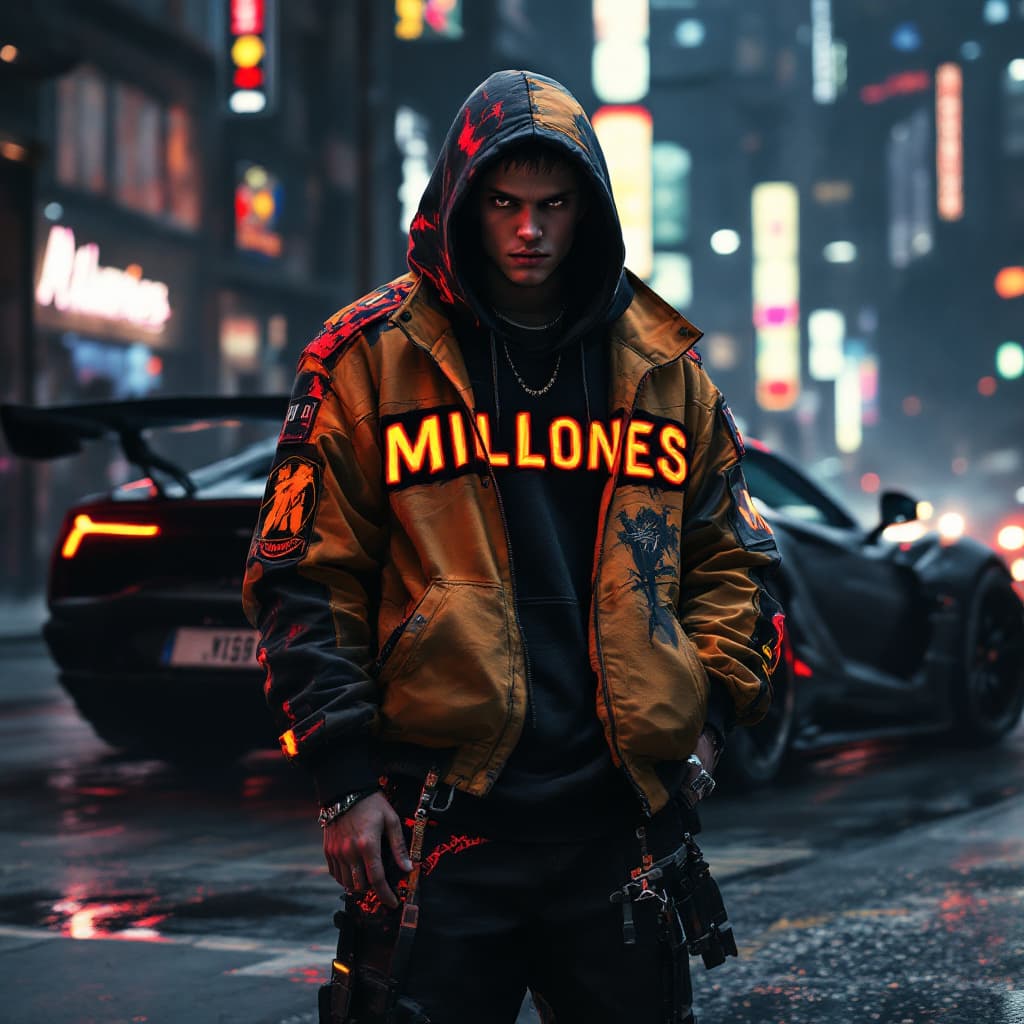 AI generated: cyberpunk GTA, DRAGON BALL GT BROLY  CHARACTER,  WEARING A JACKET WITH THE TEXT  "MILLONES" WITH HOR...