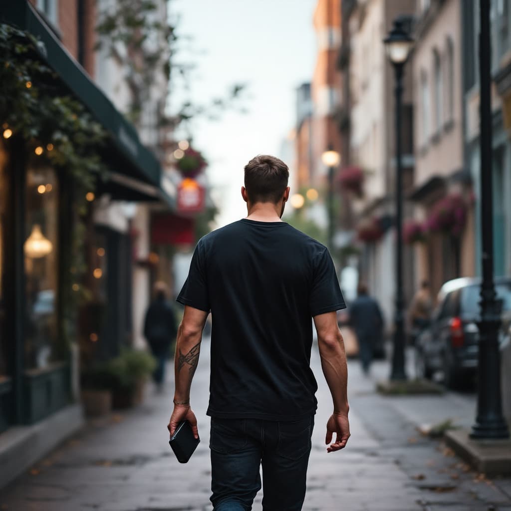 AI generated: create a picture of a man walking tail away on the sidewalk dressed with a black t-shirt