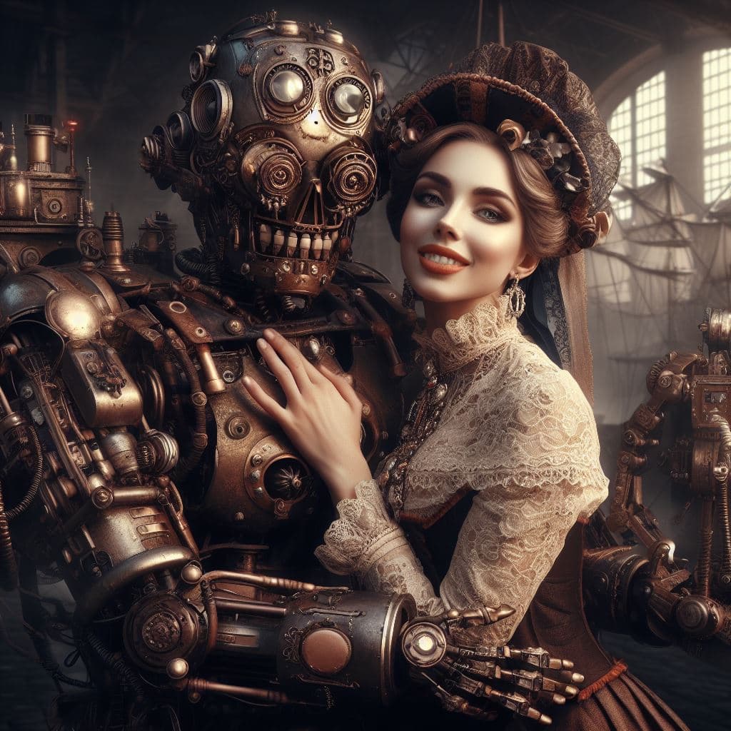 AI generated: beautiful steampunk princess hug a steampunk Robot,all in very detailed steampunk style,photorealist...