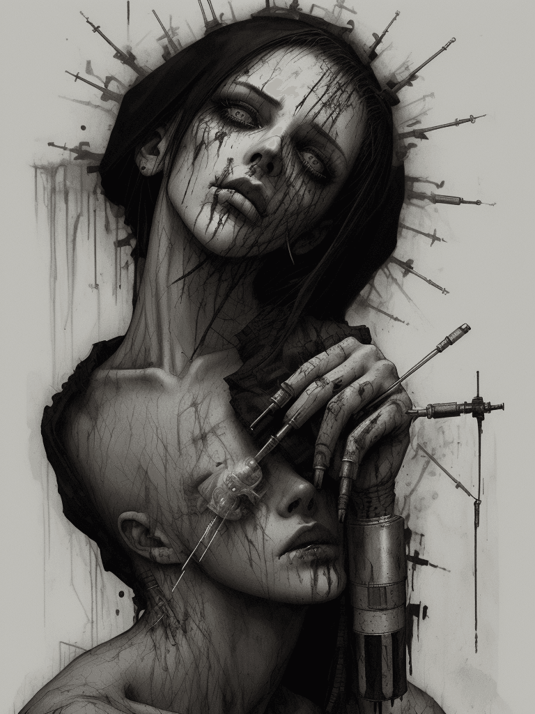 AI generated: fuck you all, kneeling and looking down, syringe needle in arm, injecting drugs, desperate, no face,...