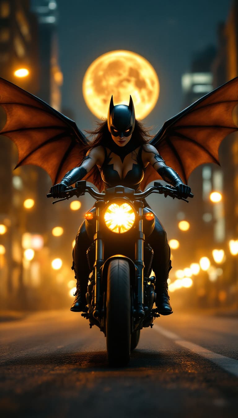 AI generated: realistic and cinematic look, Beautifull Indian Batgirl, high power motorbike ride in city, full Nig...