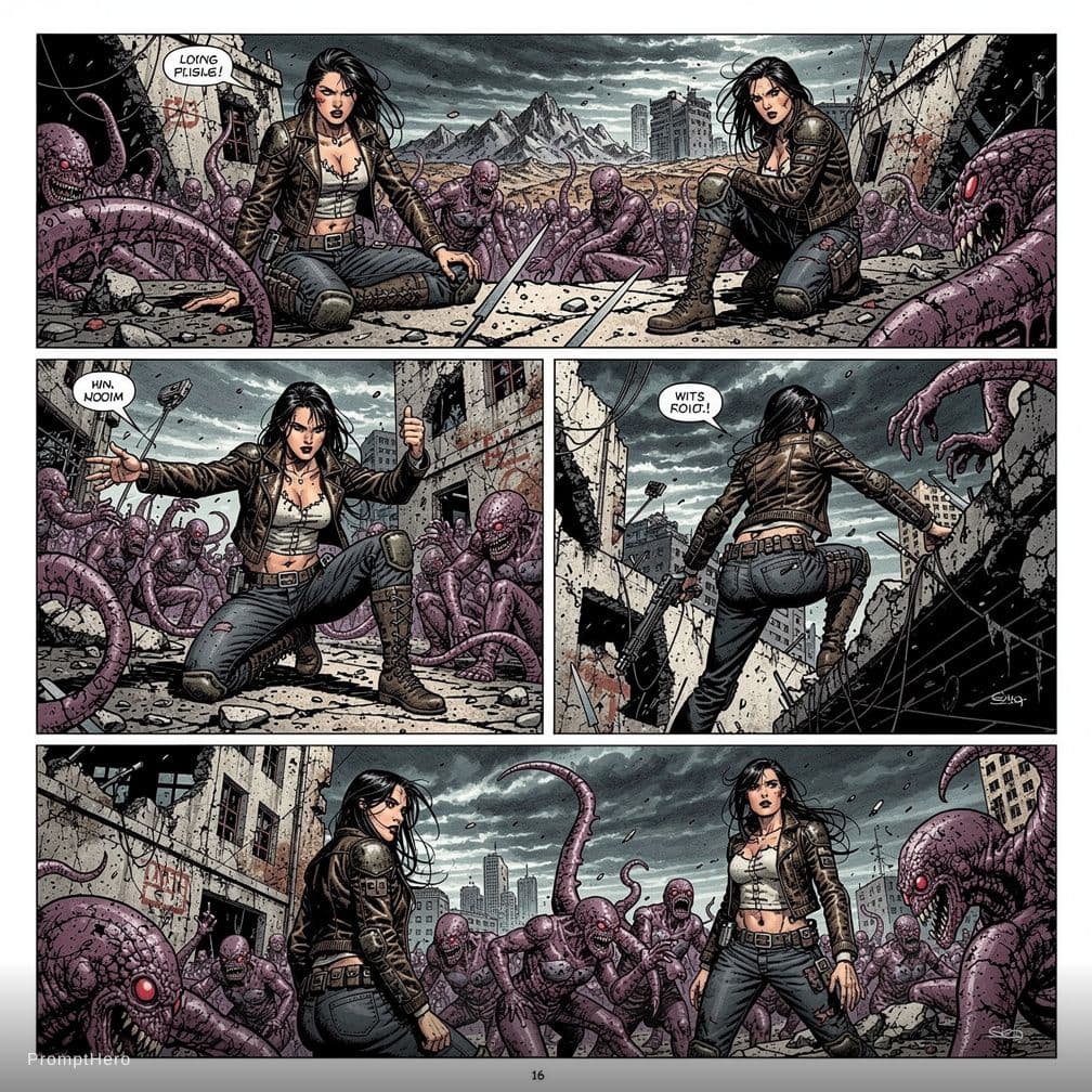 AI generated: score_9, score_8_up, score_7_up, by Serpieri, ((comic panels)), 1girl, nude, solo, dark hair, sultry...