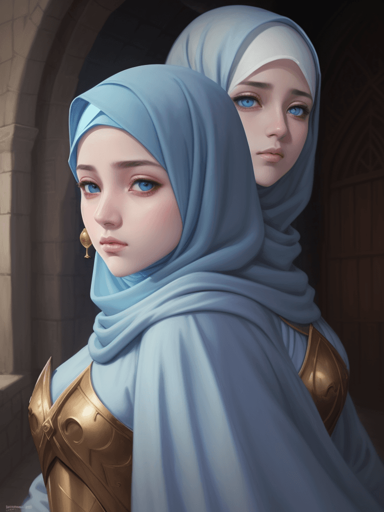 AI generated: close portrait of muslim girls, hijab, masterpiece robe,mage girl, light blue hijab, drill hijab, bl...