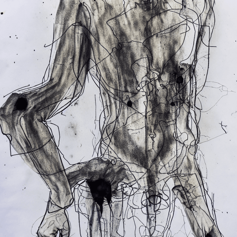 AI generated: Ink illustration,  paranoid, annotated, messy, disorganized, whole human figure with Anatomical inco...