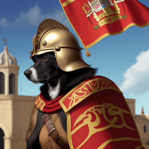 AI generated: Spanish dog with a conquistador helmet and a Spanish flag