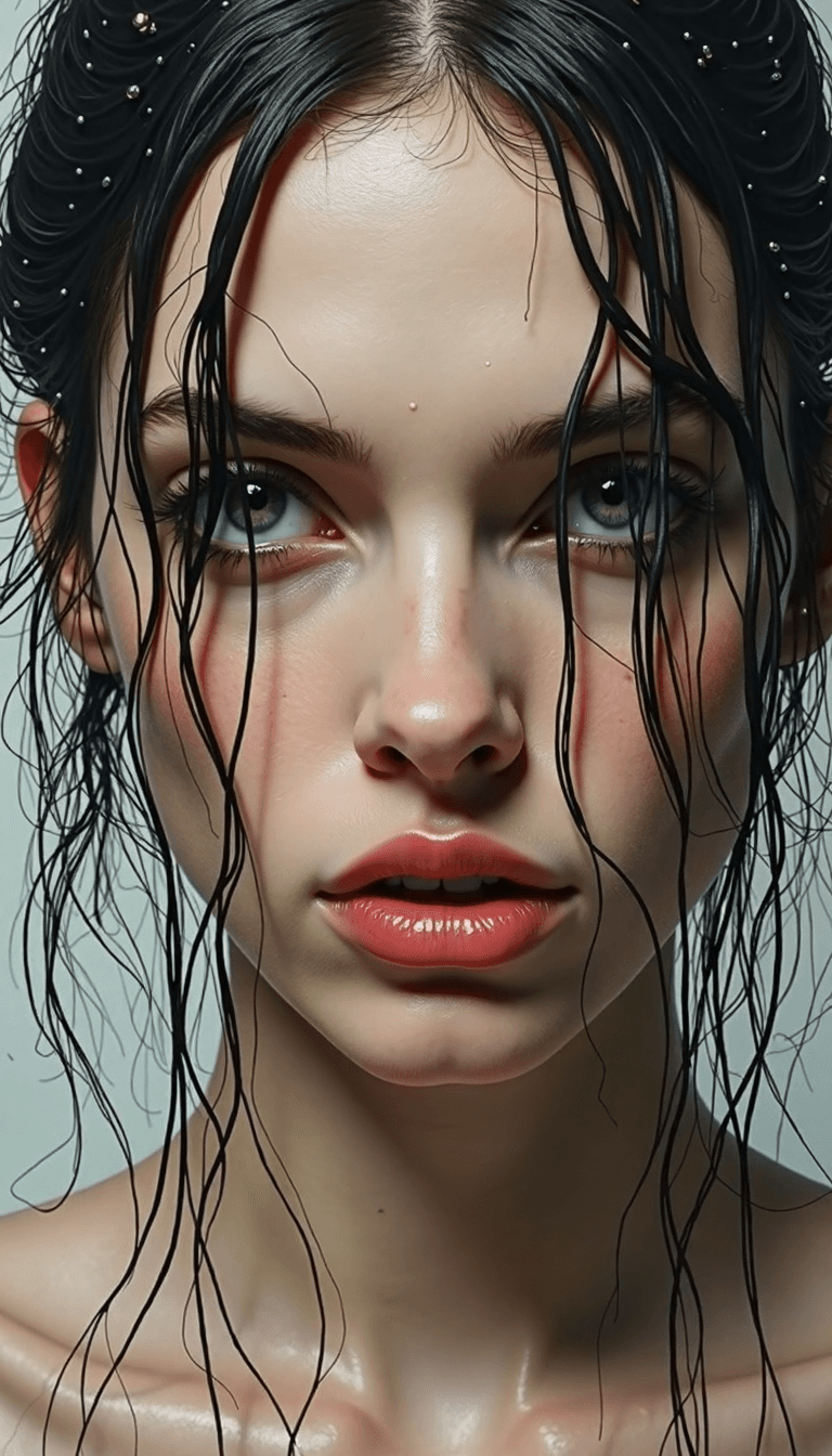 AI generated: A close-up portrait of a young woman with wet, dark hair, water droplets, and pearl-like accents in ...