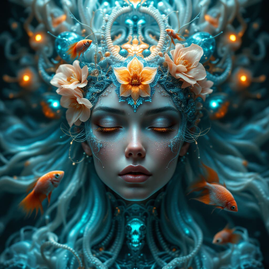 AI generated: Goddess close-up portrait ribcagel. jellyfish phoenix head, nautilus, orchid, skull, betta fish, bio...
