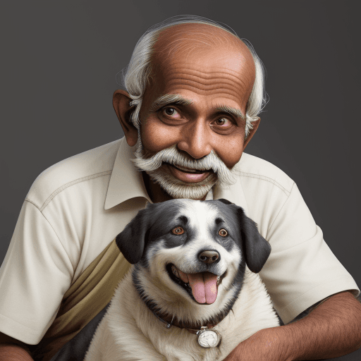 AI generated: masterpiece, solo focus award winning portrait of happy slim old malayali man and a dog
