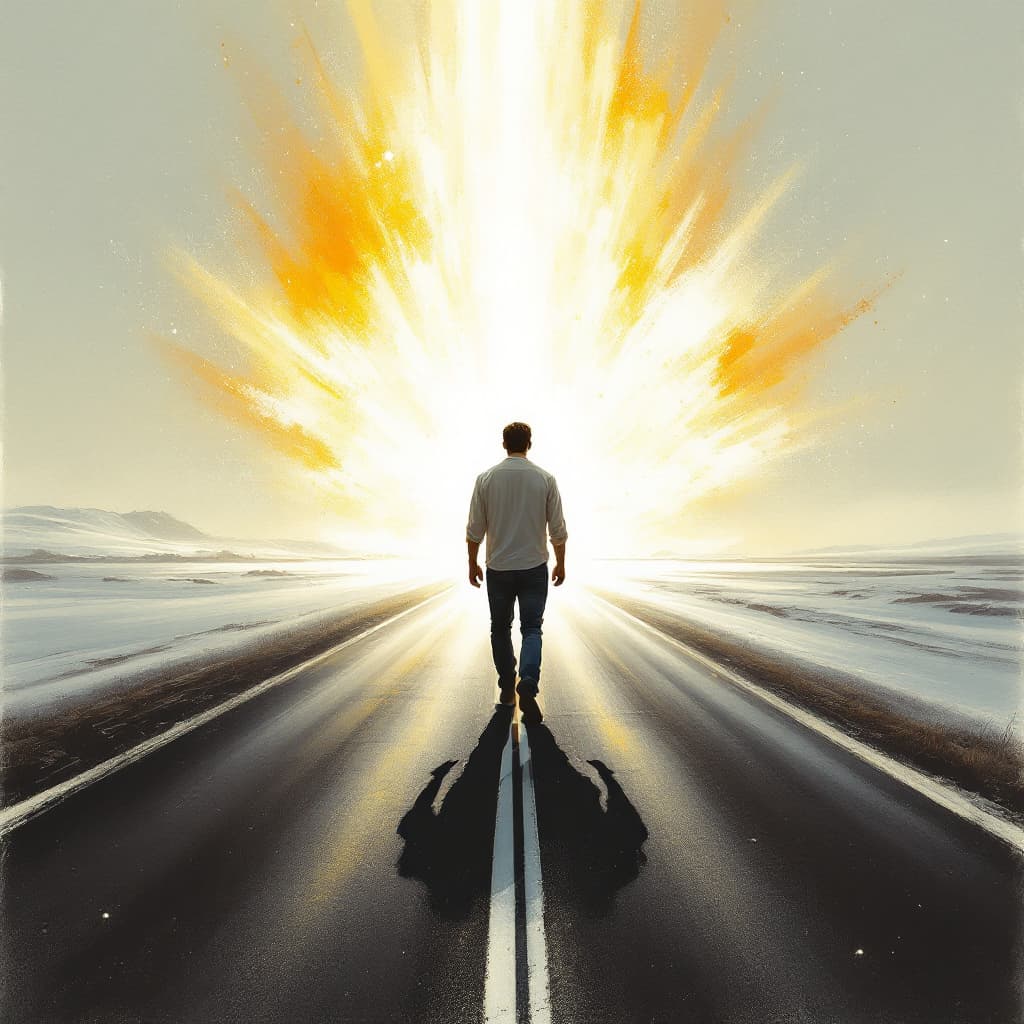 AI generated: Artistic illustration of a cold, desolate  
road,  a lone figure (man) wearing only a white shirt an...