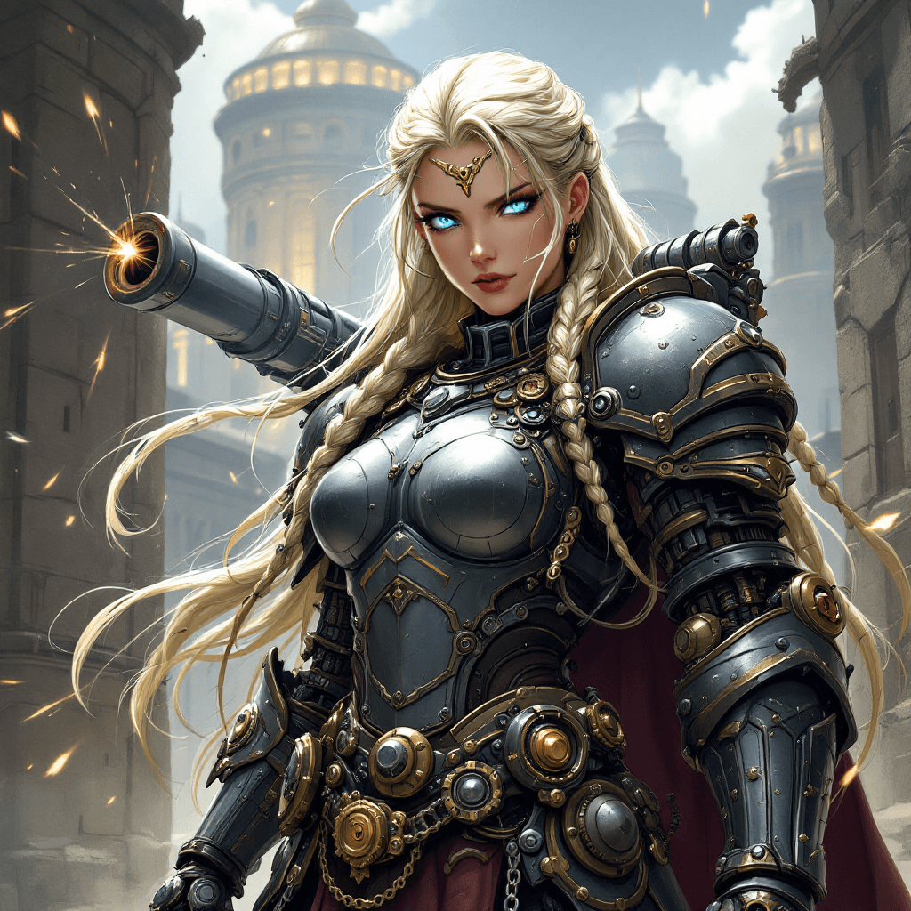 AI generated: The Cannon Paladin: A powerful warrior with long, platinum blonde hair often styled in intricate bra...