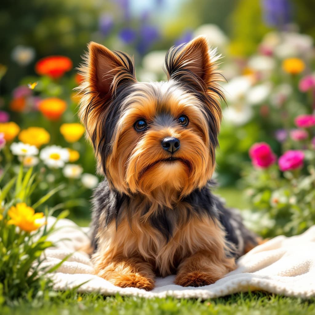 AI generated: Describe a playful Yorkshire Terrier sitting in a sunny garden, surrounded by colorful flowers and l...