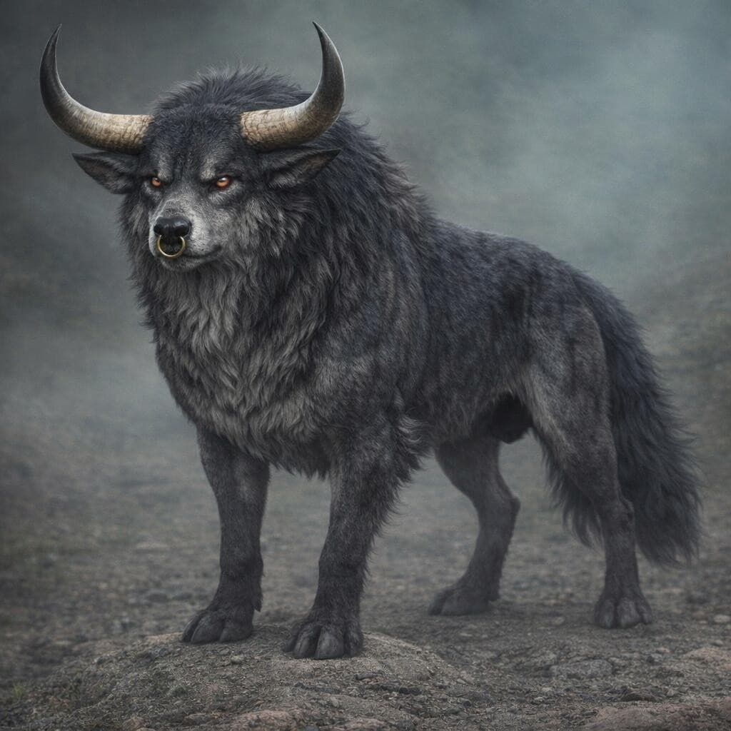 AI generated: create a new creature that is a mix of a bull and Wolf