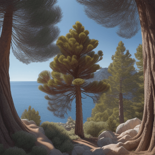 AI generated: Pinus halepensis joven rodeado de un paisaje mediterraneo ; 8k, intricate detail, photorealistic, re...