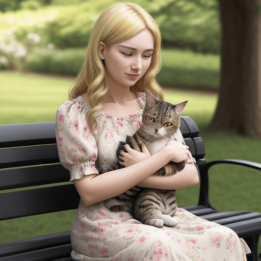AI generated:  A woman sitting on a bench with a cat in her arms. She is wearing a floral dress and has blonde hai...