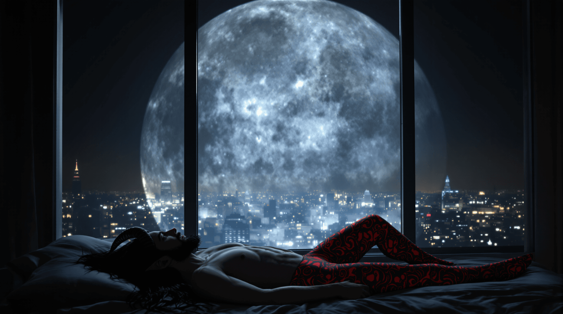 AI generated: Two figures in a luxirous modern bed silhouetted against large full moon and city lights: a man dark...