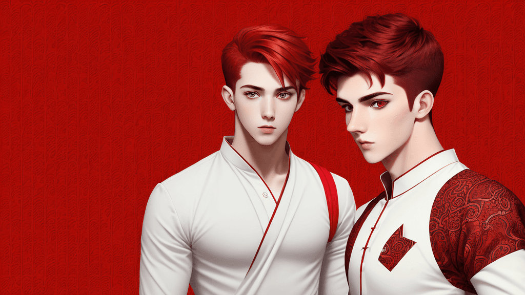 AI generated: Red Theme, Cartoon Pattern, Young Man, White Arabic Dress, Red Eye, Dark Red Hair, Sharp Nose, Right...