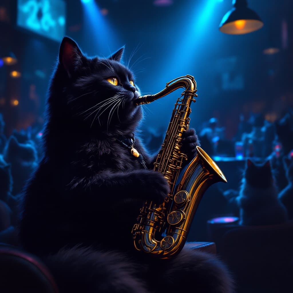 AI generated: Cool relaxed black cat playing a golden saxophone on stage in the background on a dimly lit night cl...