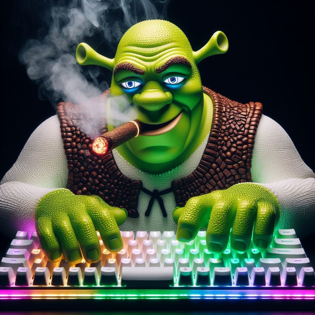 AI generated: Stylish Shrek smoking a cigar presenting the led light keyboards.