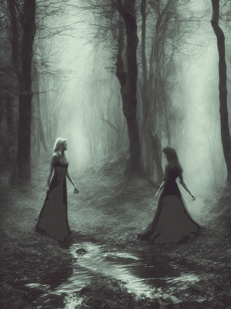 AI generated: enchanted forest, dark, moody, mystical, woman, walking through a stream, long dress