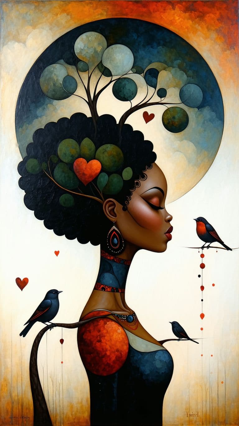 AI generated: art-by-catrin-welz-black-woman--stein-susan-a-black-woman-with-her-cute-adorable-love-birds-tree-mut...