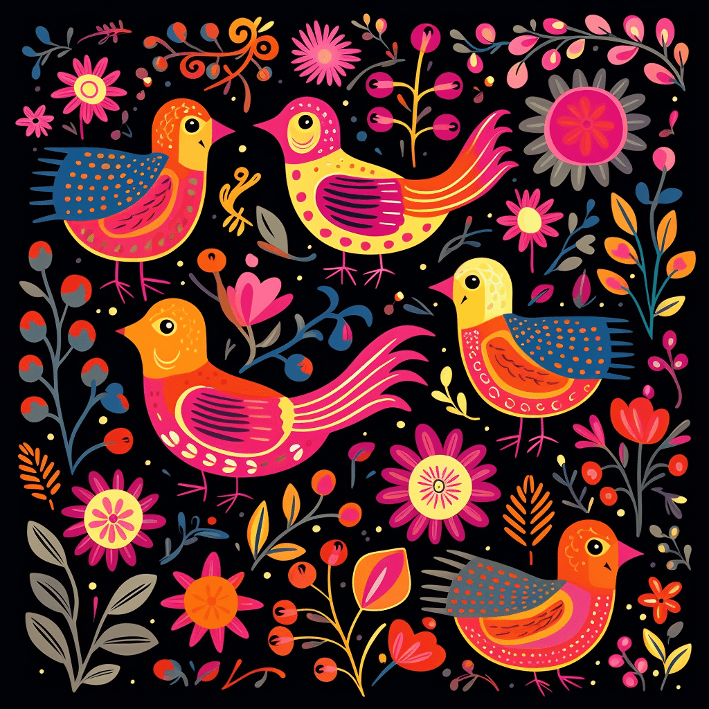 AI generated: little birds on black background, playful, whimsical illustration, bold colors, the helsinki school,...