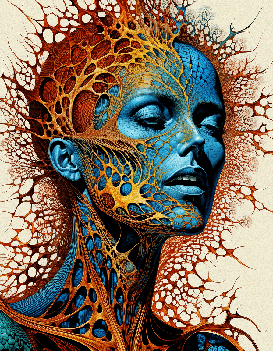 AI generated: An  intricate painting of a figure with blue, scale-like skin textures and closed eyes, giving a ser...