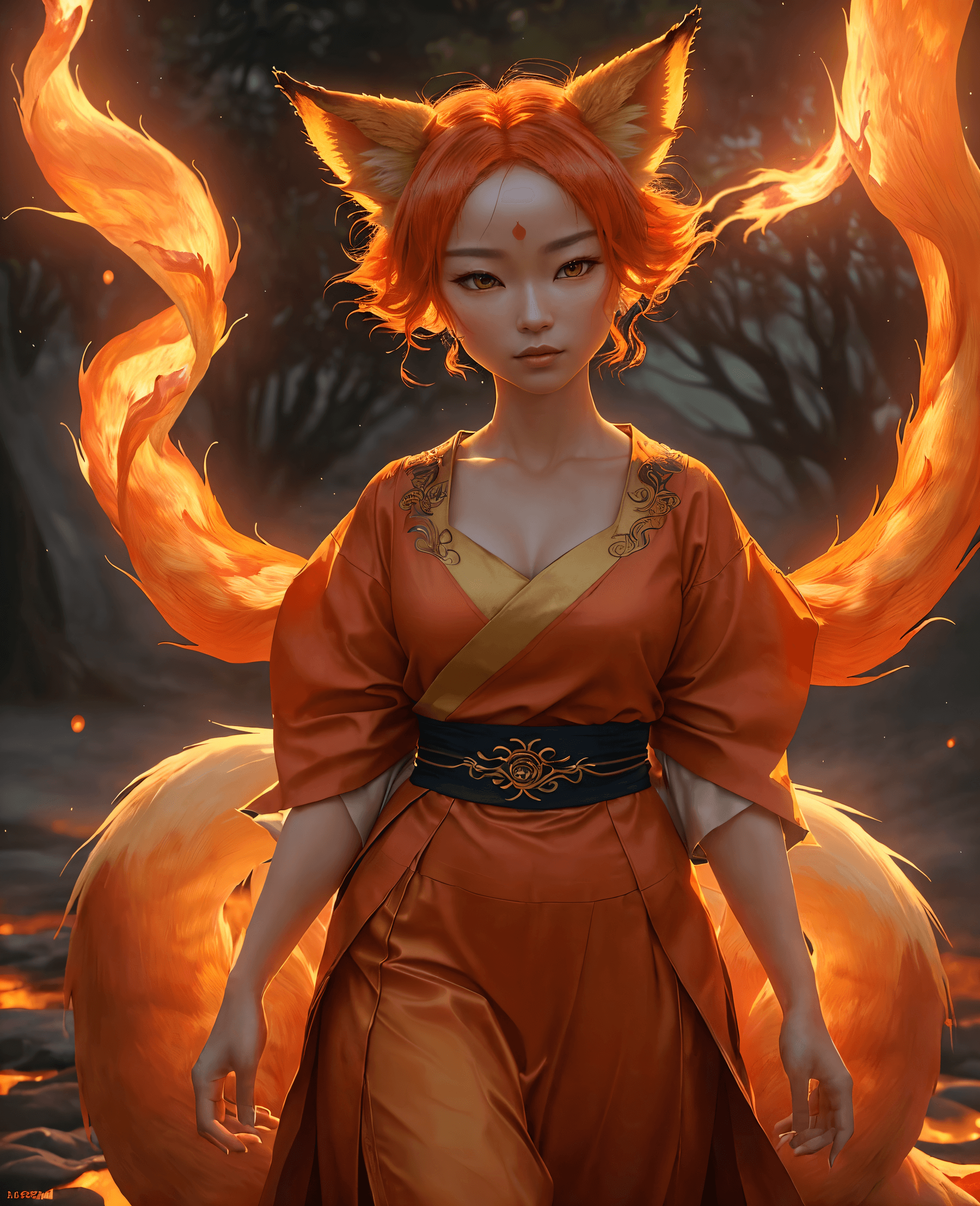 AI generated: (masterpiece, award winning, best quality:1. 2) , (nine tailed fox demon:1.2), 1fox, solo, many tail...